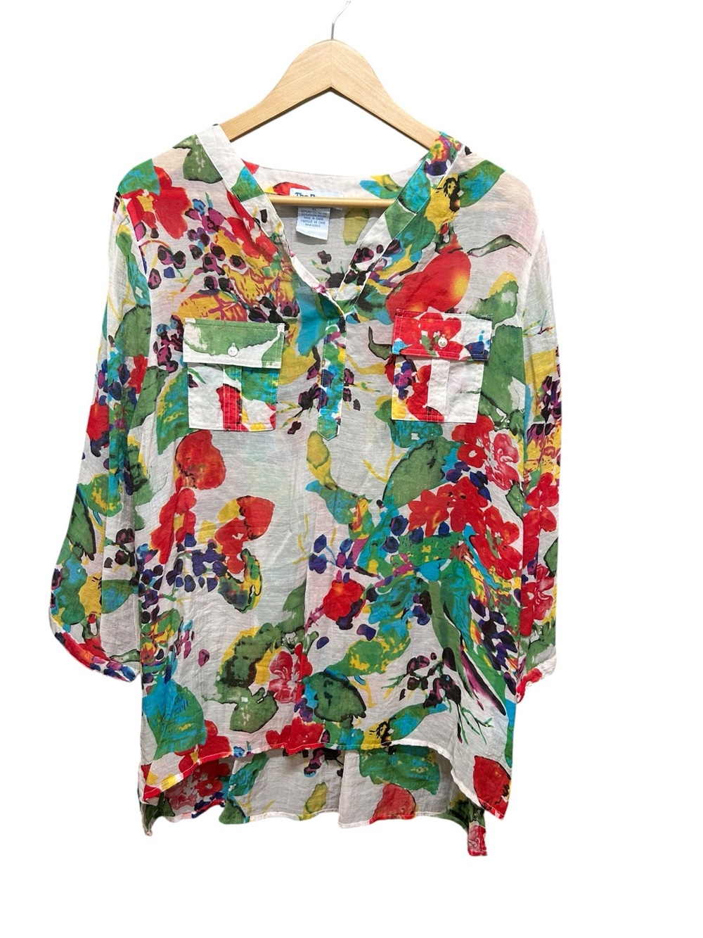 The Paragon Tabbed Long Sleeves Split V-neck Watercolor High Low Blouse Size XL